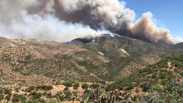 billowing smoke coming from hilly landscape. 