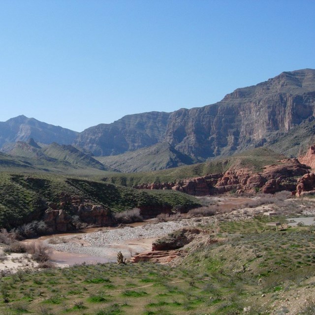 section of the river flowing through a green canyon