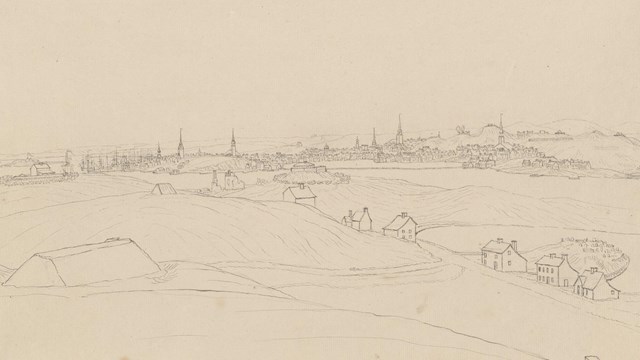 Sketch of winter scene with hillside in the foreground and Boston in the background.