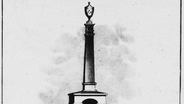 Sketch of a monument with a large square base and a column with an urn at the top.