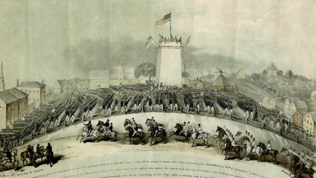Etching of soldiers parading on the grounds of a partly built Bunker Hill Monument.