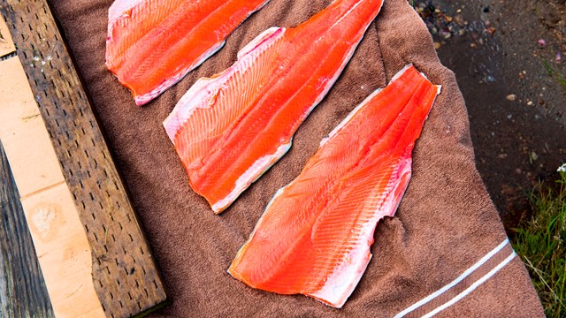 salmon fillets sit on a wooden board