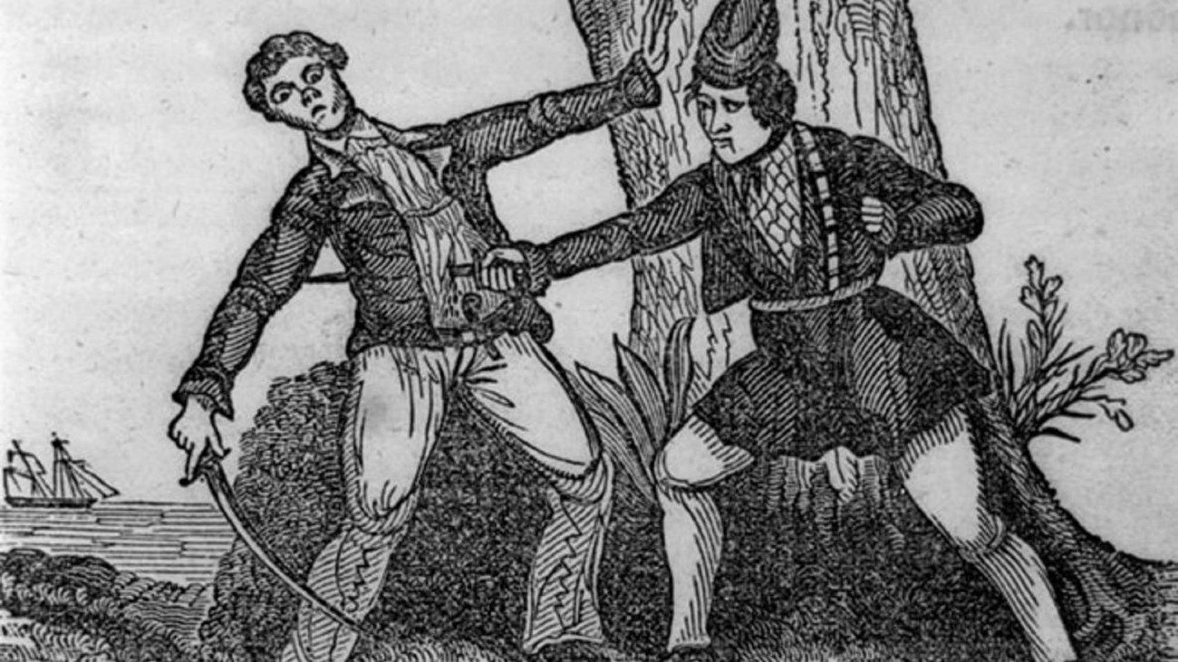 Pirate Mary Read killing an opponent.Art work from "Pirates Own Book," 1842. Library of Congress.