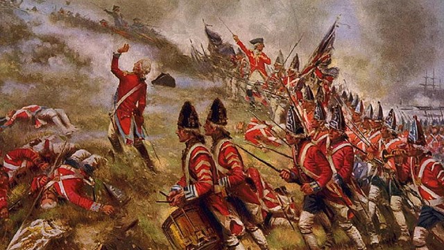 British soldiers in red coats attack up Breed's Hill in formation. 
