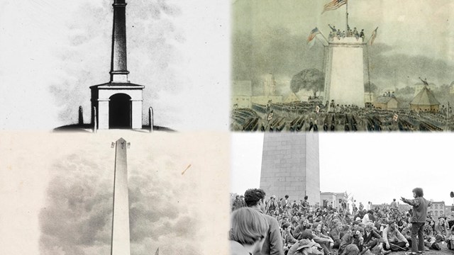 grid of 4 images. A pillar; partly constructed Monument; finished Monument; Group in front of Mon.