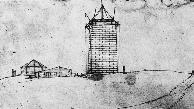 Drawing of the Bunker Hill Monument mid-construction, about 25 rows of blocks high.