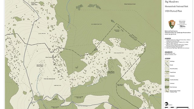 Labeled site plan for Big Meadows showsfeatures and the arrangement of open space and woodland