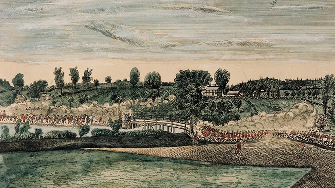 Painting of soldiers crossing Old North Bridge in Concord