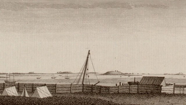 View of Boston Harbor and islands from an encampment on shore