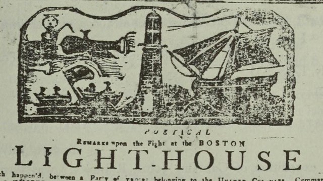 Engraving of soldiers on boats surrounding a lighthouse.
