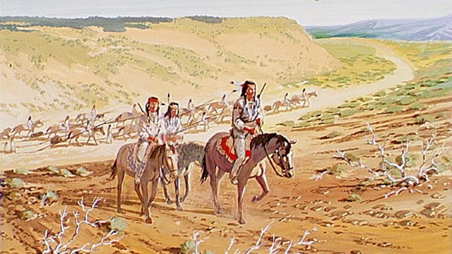 A painting of Nez Perce on horseback.