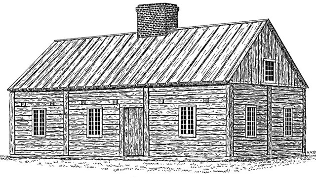 A black and white line drawing of a rectangular wooden building with a gabled roof.