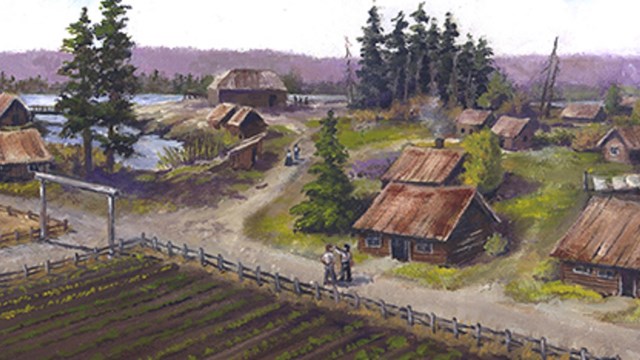 An illustration of the Village, with small cabins and dirt roads.