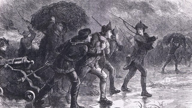 etching of soldiers dragging rifles and carrying hay