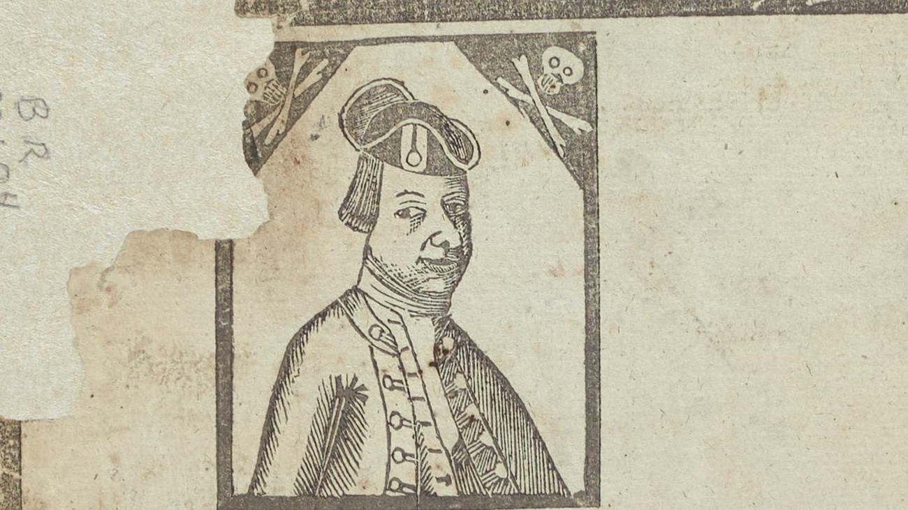 top of broadside that says "funeral elegy, James Mugford" with a portrait of a man and a coffin