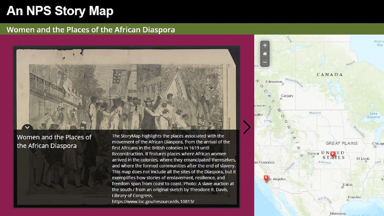 Screenshot of a digital StoryMap with pictures, text and digital map. 