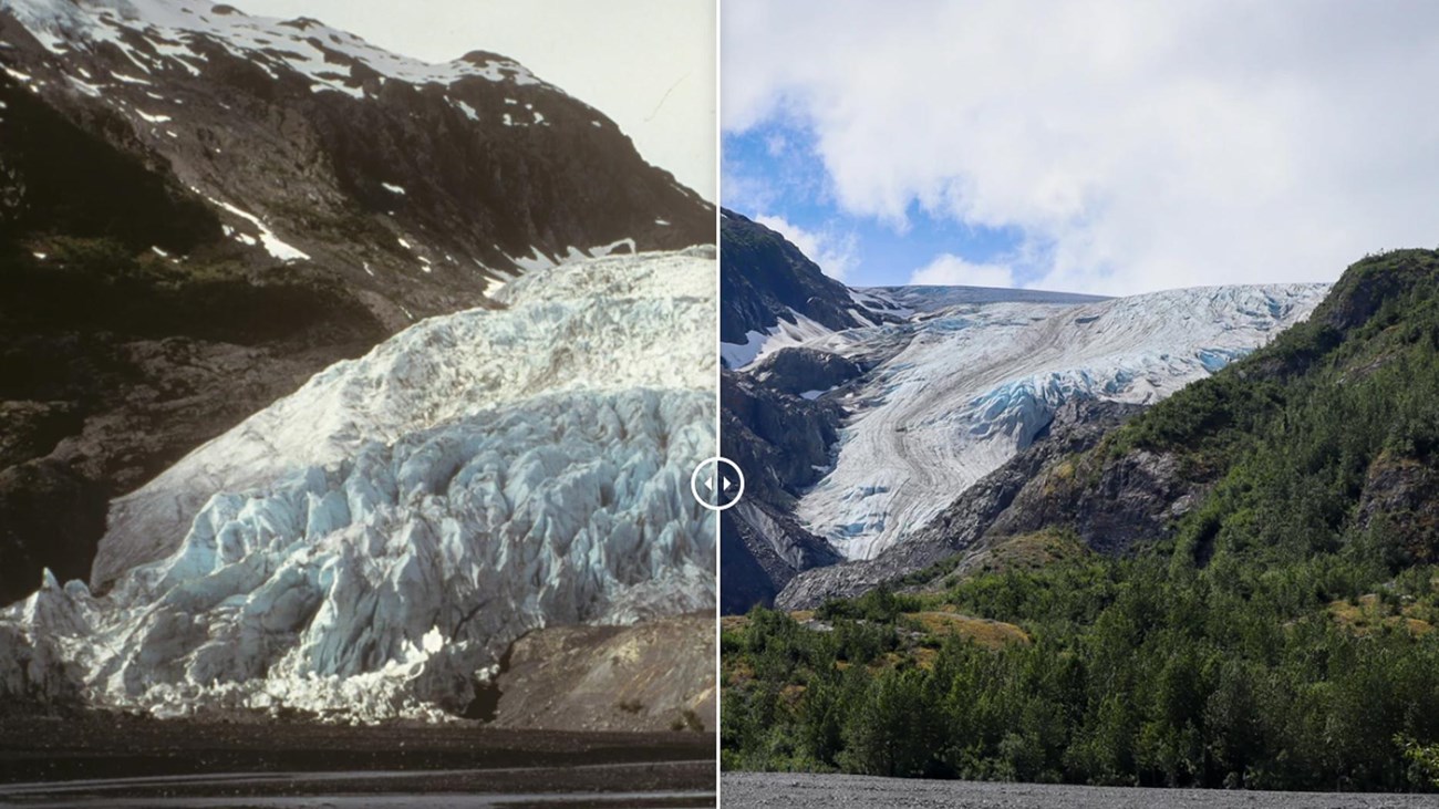 A photo split in half: left an older photo of larger glacier, right a recent smaller glacier