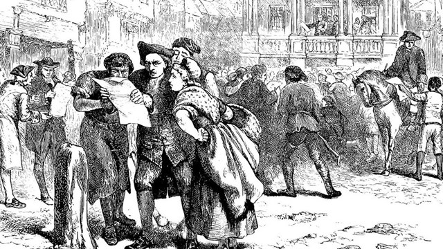 Sketch of people reading the Stamp Act in front of the State House