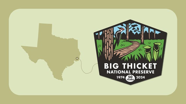 graphic showing a cutout of Texas and a 50th anniversary logo of Big Thicket National preserve.