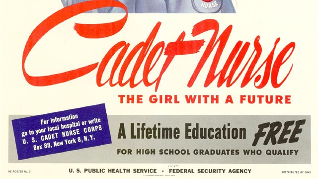 Illustrated poster of two white women with brown hair wearing nurses' uniform