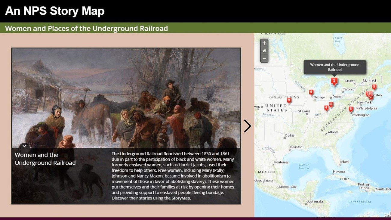 Image of a StoryMap with photo of African Americans fleeing slavery and Googlemap with pinpoints.