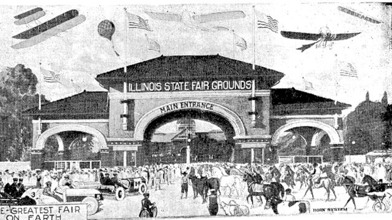 Black and white post card of fair in early 1900s. Public Domain. 