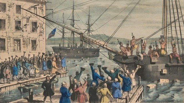 Color print showing people throwing tea overboard ships while others cheer from docks.