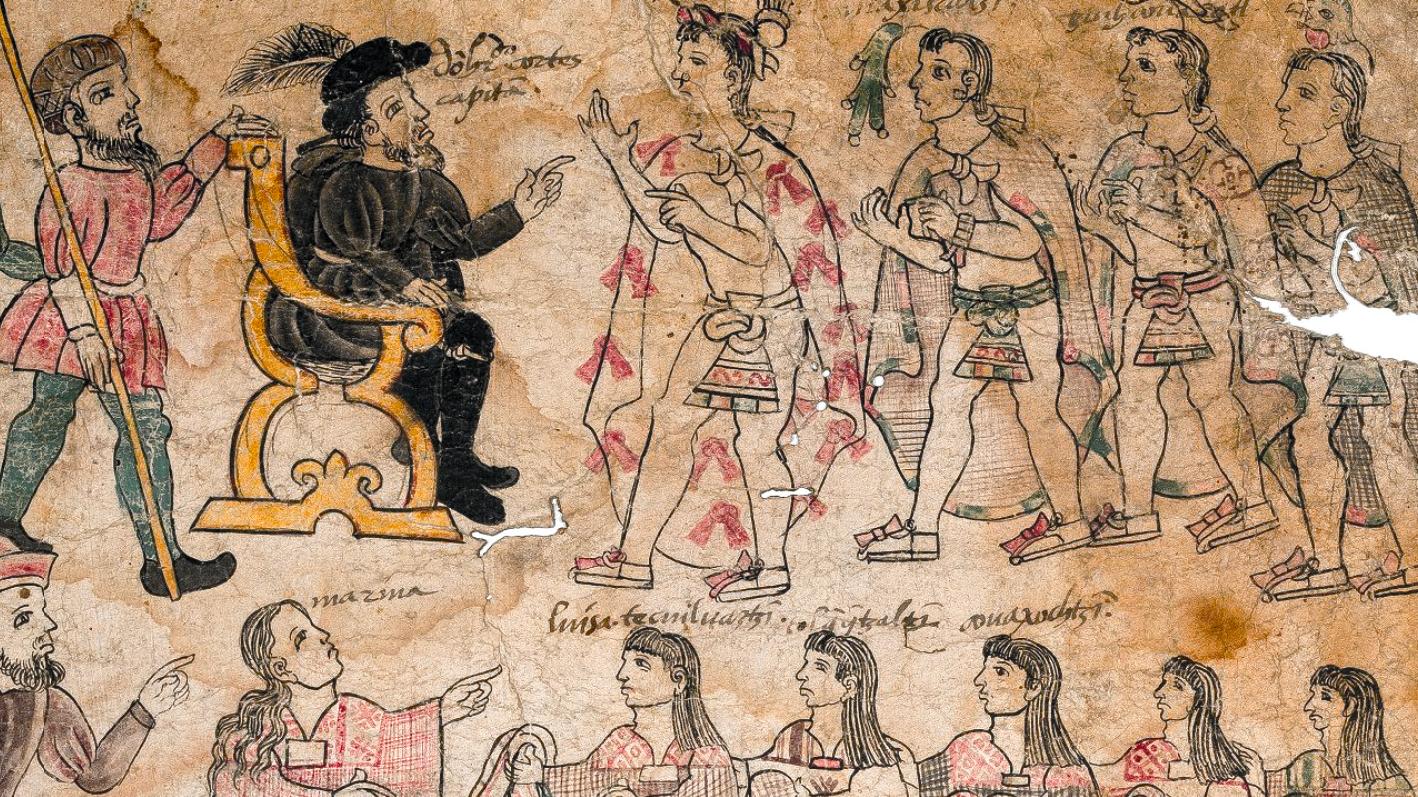 Natives and Spanish people depicted in a manuscript page