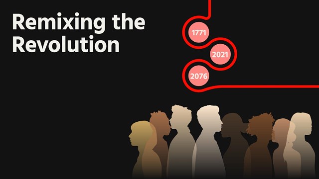 graphic with black background and silhouettes of people and red design element.