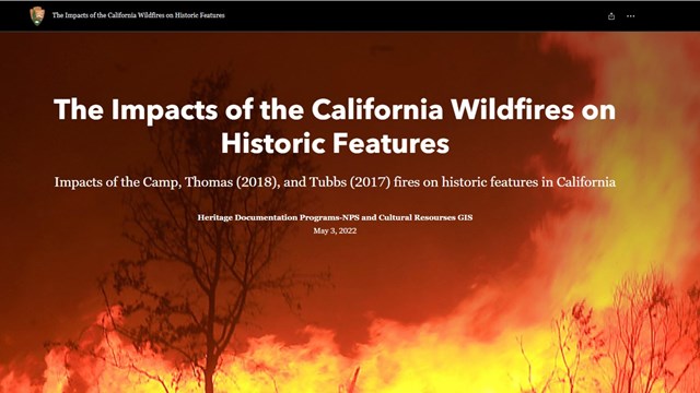 StoryMap for wildfires and historic artifacts with image of trees and flames.
