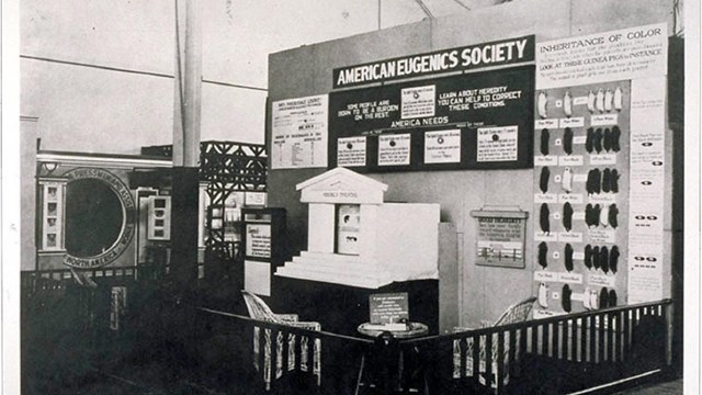 A display inside a low railing with a table and chairs and posters on a temporary wall 