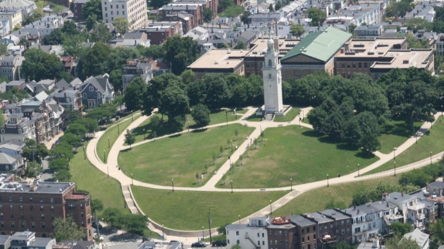 Aerial view of Dorchester Heights Monument and Thomas Park.