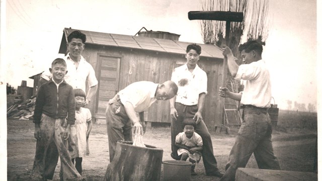 Black and white photo of Japanese American family pounding rice to make mochi rice cakes.