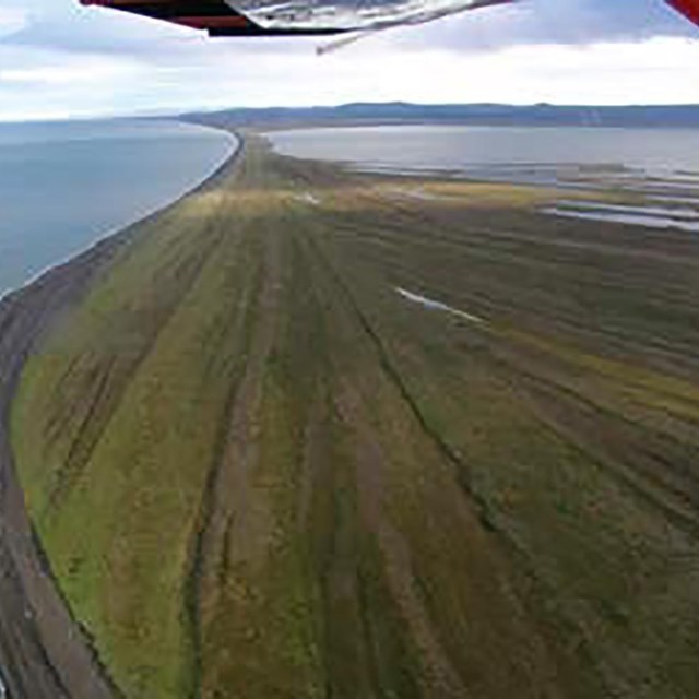 An aerial shot of beach ridges at Cape Krusenstern.