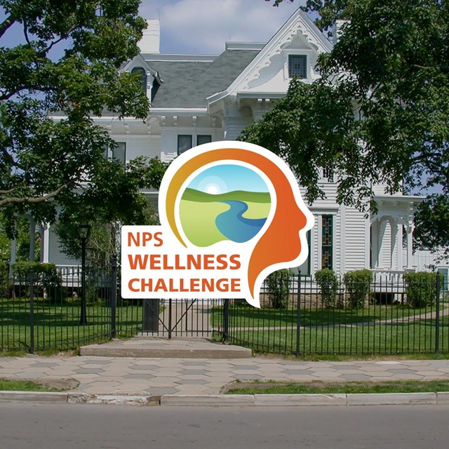 NPS Wellness Challenge logo with backdrop of Harry S. Truman's home 