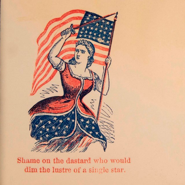 Red, white, and blue print on envelope of woman holding US flag and sword