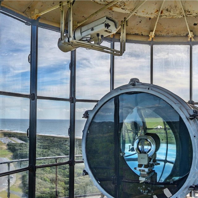 Photograph of lighthouse lantern room and the view from windows