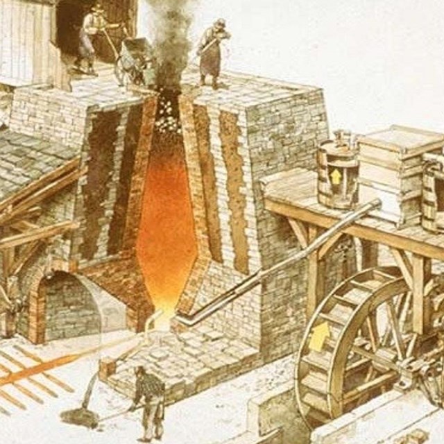 drawing of men working a blast furnace. 
