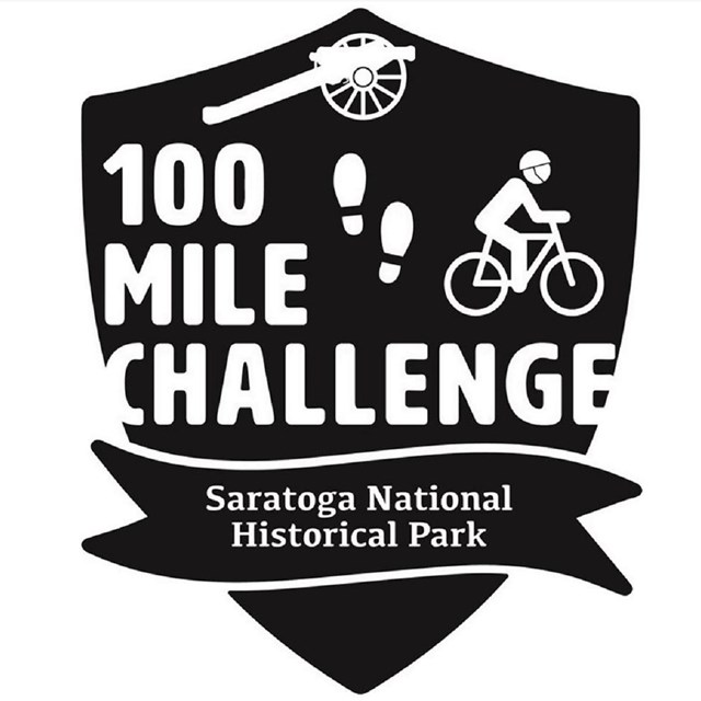 Graphic with a cannon, boot prints, and cyclist with text:100 Mile Challenge Saragota NHS