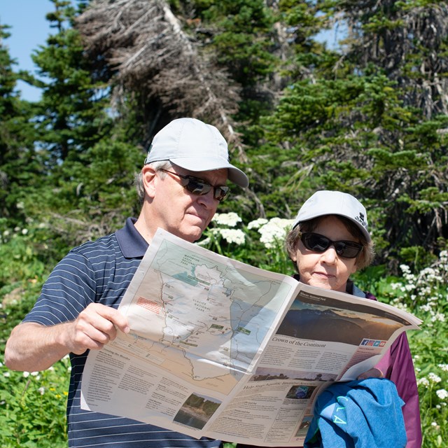 Couple reading a park newspaper outside