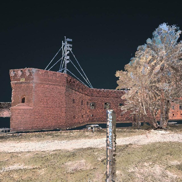 Point-cloud rendering of red brick fort bastion and palm tree