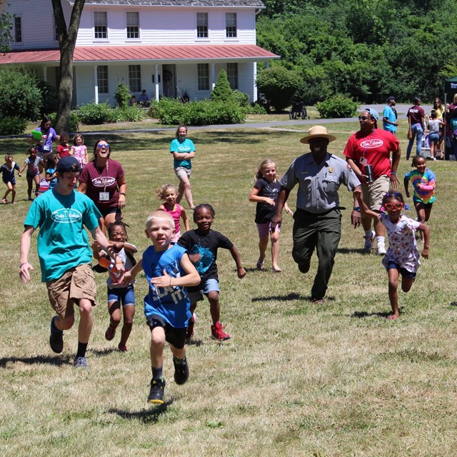 Ranger running with kids