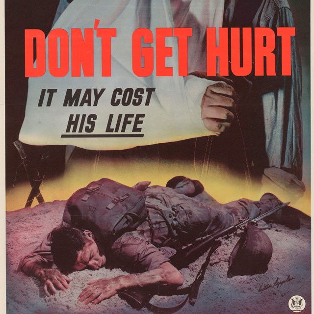 Dark poster of a man with an arm cast looming over a soldier’s body on the battlefield