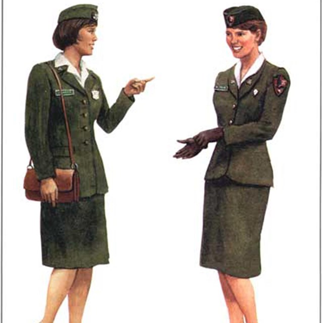 A drawing of two women wearing uniforms from the early 1960s