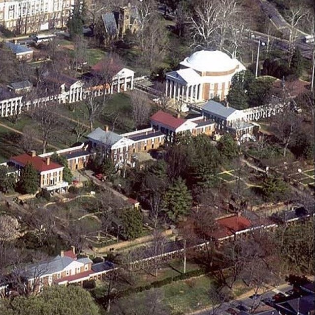 Aerial shot of buildings on University of Virginia campus. 