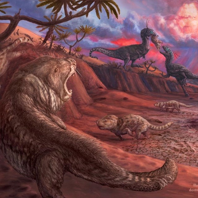 a drawing of a prehistoric scene with dinosaurs and mammals