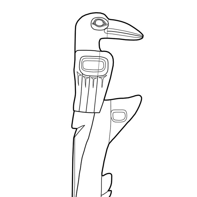 Measured drawing of raven carving on totem pole