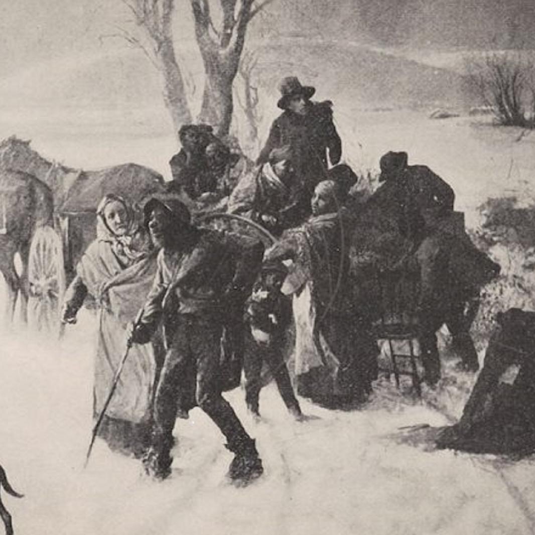 Women, men, and children fleeing bondage. 