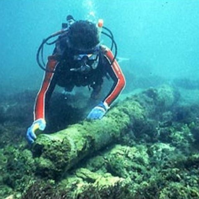 Diver with underwater artifacts. 