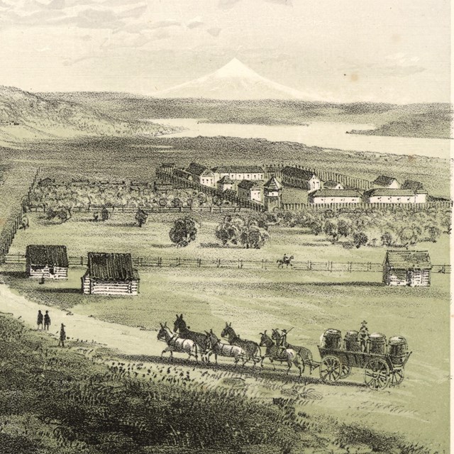 An 1850s lithograph of Fort Vancouver, the Columbia River and Mount Hood.